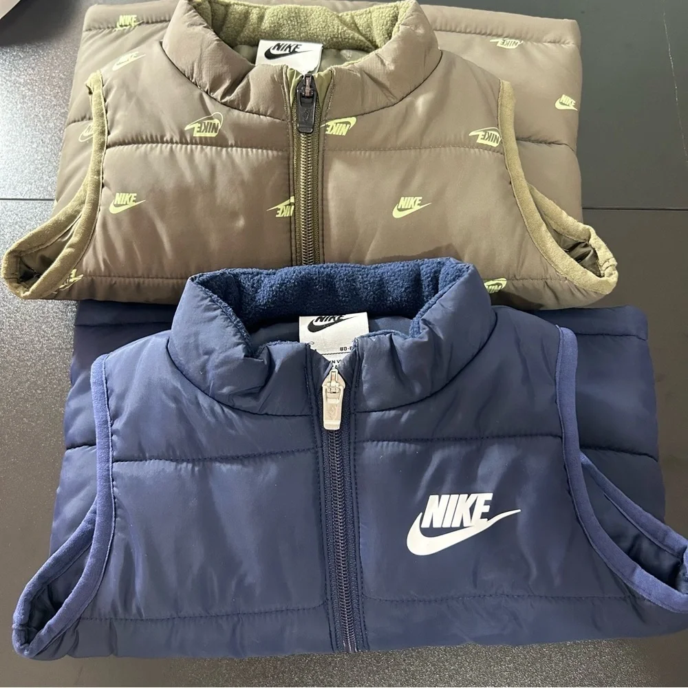 NIKE Lot of 2 Vests Boys Full Zip Navy & Olive Green With NIKE Graphic Sz 18 Mth